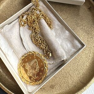 AVON Gold Tone Necklace 1.5" Token 1976 Liberty Bicentennial Chain Tag Vtg
